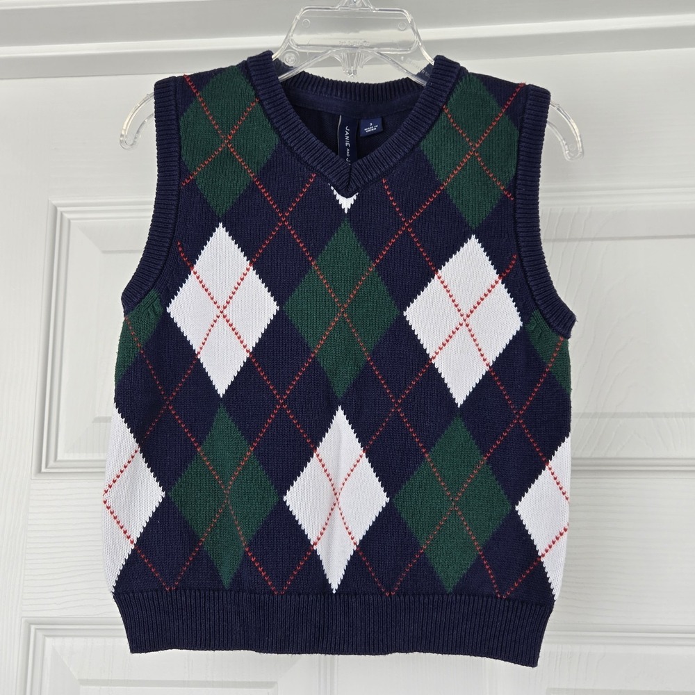 Janie And Jack Boys Connor Navy Argyle Sweater Vest Size 3 Cotton Preppy Party